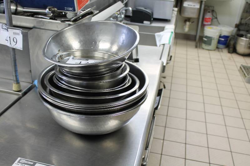 lot 436 image: Lot of (17) Stainless Steel Prep Bowls Miscellaneous Shapes & Sizes.