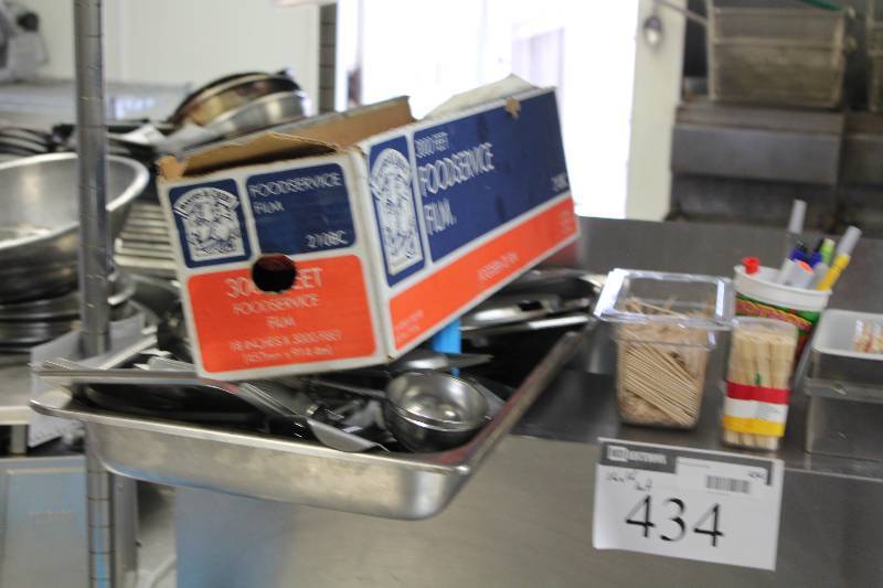 lot 434 image: Shelf Lot Including Steak Knives Metal Forks Plastic & Stainless Steel Containers Waring Commercial Electric Hand Mixer And More.