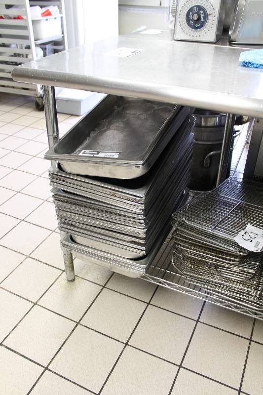 lot 424 image: Lot of (app. 29 ct.) Stainless Steel Baking Trays & Steamer Trays NSF Approved.