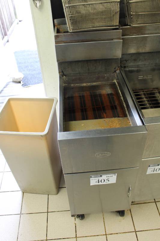 lot 405 image: Dean Deep Fryer wStainless Steel Exterior Lower Cabinet wPilot Knob Access Includes (2) Fryer Baskets 16 x 30 x 44.