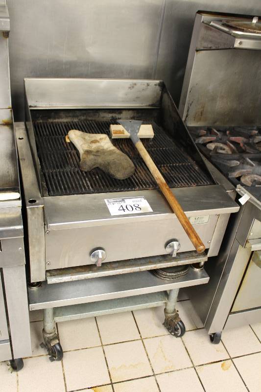 lot 408 image: A-Z Gas Grill wMetal Grate Grill Top & Lower Shelf wWheels Stainless Steel Exterior Includes Contents 30.5 x 31.5 x 44.