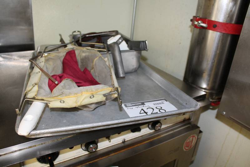 lot 428 image: Tray Lot Including Stainless Steel Tray Grill Scrape Spatula Fryer Basket And More.