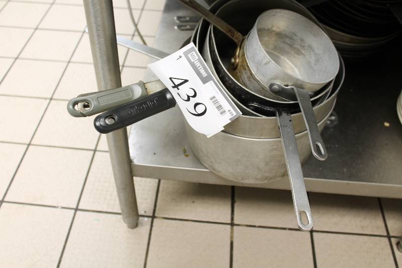 lot 439 image: Lot of (9) Stainless Steel Soup Pots wHandles Miscellaneous Sizes & Shapes.