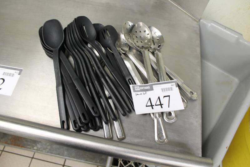 lot 447 image: Spoon Lot Including Plastic Serving Spoons Slotted Serving Spoons Metal Spoons wDrain Holes.