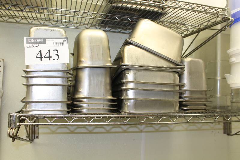 lot 443 image: Shelf Lot Including Stainless Steel Bins, Miscellaneous Sizes Plastic Bins NSF Approved Plastic Buckets And More.