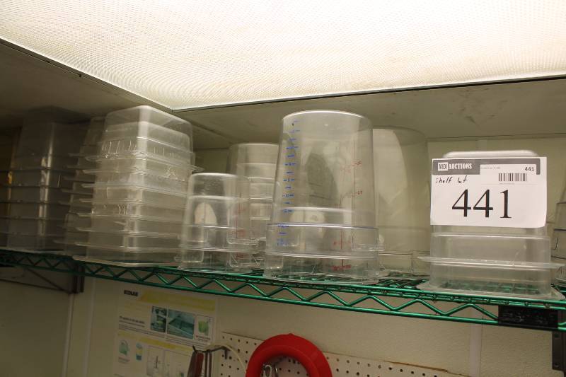 lot 441 image: Shelf Lot Of NSF Approved Containers Including Plastic Buckets wQuanity Measurement Plastic Bins, Miscellaneous Sizes.