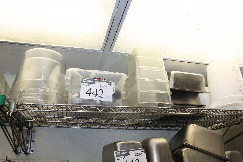 lot 442 image: Shelf Lot Including NSF Approved Containers, Buckets, Bins Ice Cream Scoops wMetal Handles Stainless Steel Containers And More.