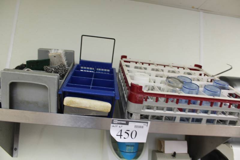 lot 450 image: Shelf Lot Including Commercial Dish Washing & Drying Racks For Silverware & Cups Plastic Cups Metal Scraper And More.