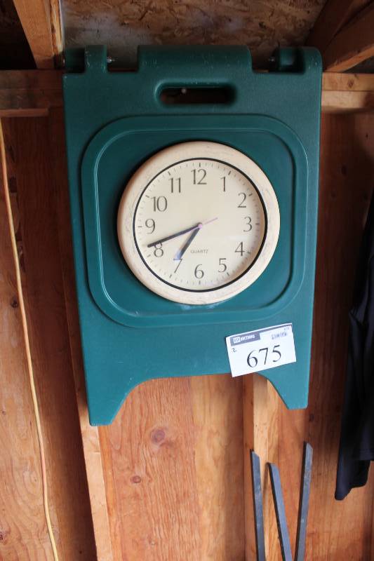 lot 675 image: Lot of (2) Plastic Folding Signs wClock Fronts.