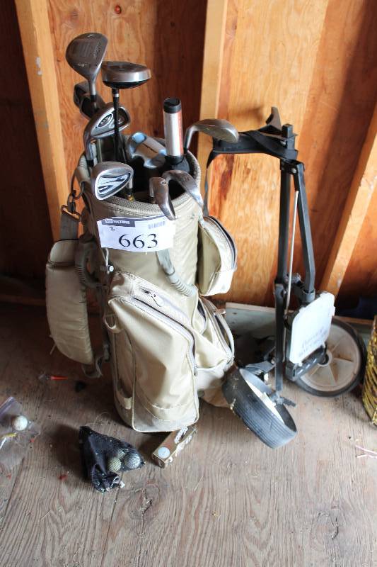 lot 663 image: Golf Lot Of (2) Including Golf Bag Steel Golf Irons & Driver, app. 8 ct Rolling Bag Cart.