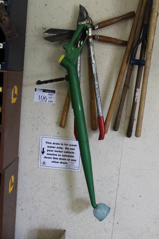 lot 106 image: Rack Lot Including Jerrys Weed Sprayer Hedge Trimmers And More.
