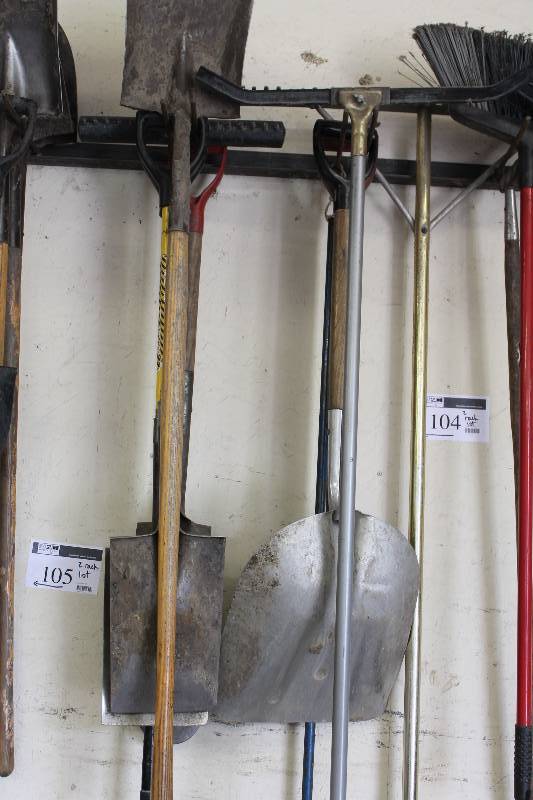 lot 104 image: Rack Lot Including Flat End Shovels Snow Shovel.