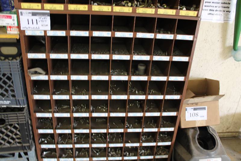 lot 111 image: Organizational Unit wMultiple Cubbies For Hardware Storage Includes Contents.
