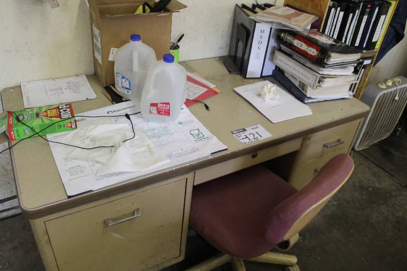 lot 121 image: Office Desk Lot Including Office Desk wMultiple Drawers Office Chair Includes Contents 30 x 60 x 30.