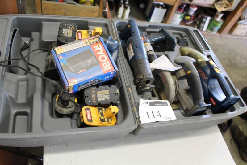 lot 114 image: Lot of Ryobi Power Tools Including Hand Drill Hand Saw Hand Vacuum Batteries And More.