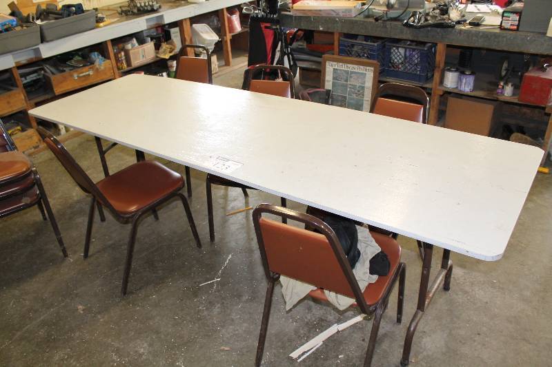 lot 123 image: Lot of (8) Including Folding table Chairs wMetal Frames & Vinyl Upholstery 30.5 x 96 x 28.
