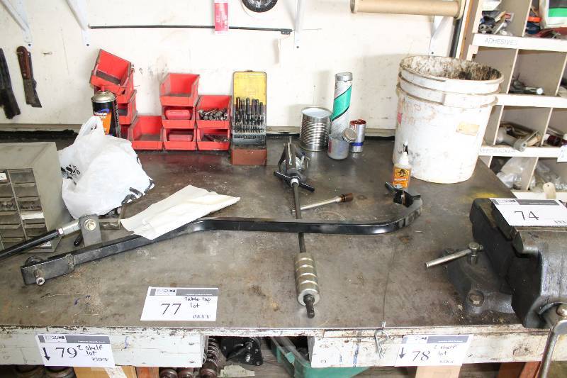 lot 77 image: Table Top Lot Including Scraper Blades Brushes Metal Hardware And More Does Not Include Table Vise.