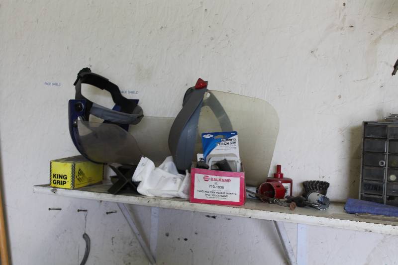 lot 76 image: Shelf Lot Including Organizer Unit wMultiple Drawers Face Masks Miscellaneous Hardware And More.