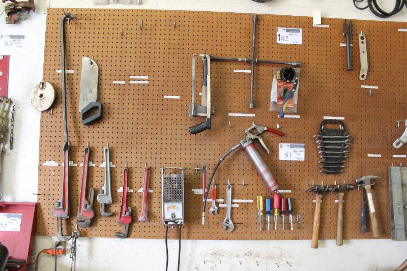lot 81 image: Peg Board Lot Including Hammers Adjustable Wrenches Screw Drivers And More.