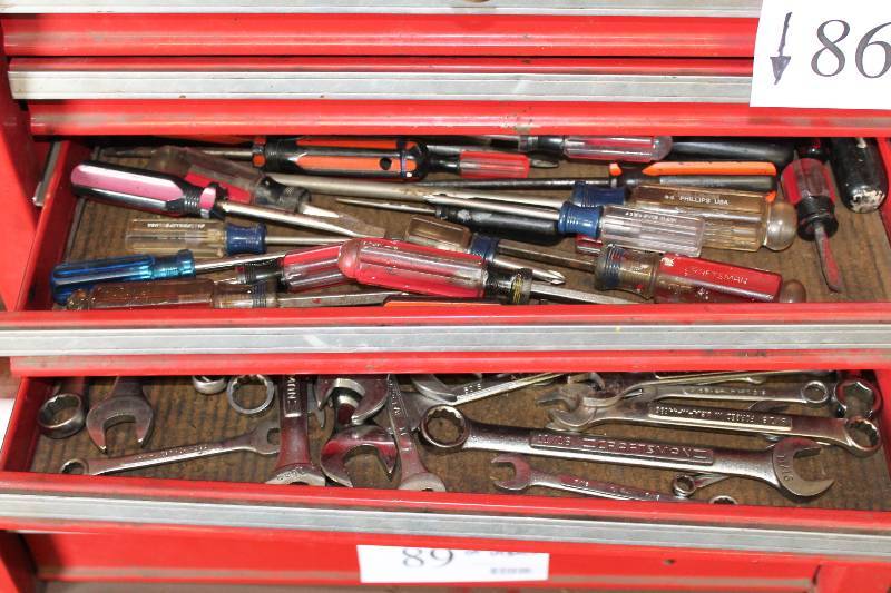 lot 87 image: Contents of (2) Drawers Including Screw Drivers, Philips & Flat Head Wrenches wSocket Ends And More.