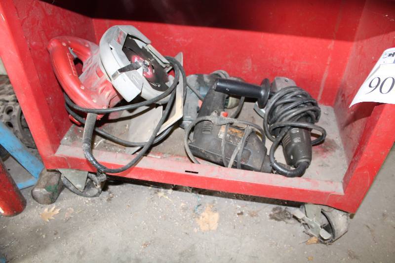 lot 90 image: Contents of Bottom Tray Including Skil Hammer Drill Angle Grinder, Model 4247 Black & Decker Hammer Drill And More.