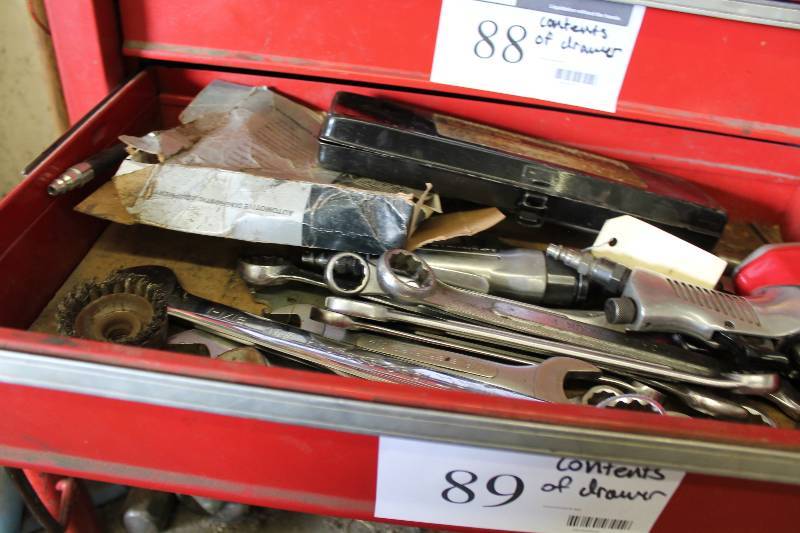 lot 89 image: Contents of Drawer Including Metal Wrenches Socket Set wContainer Impact Driver And More.