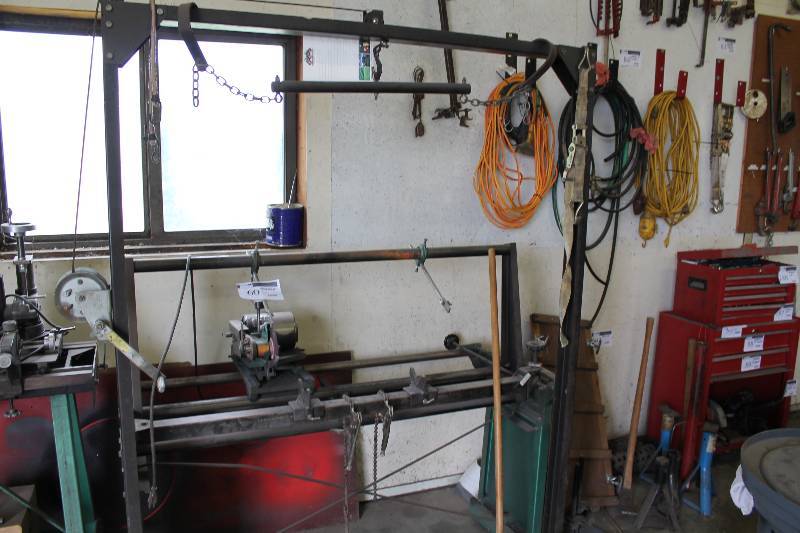 lot 60 image: Sharpener wTable Base & Grinding Wheel Overhead adjustbale Hanging Bar Includes Broom.