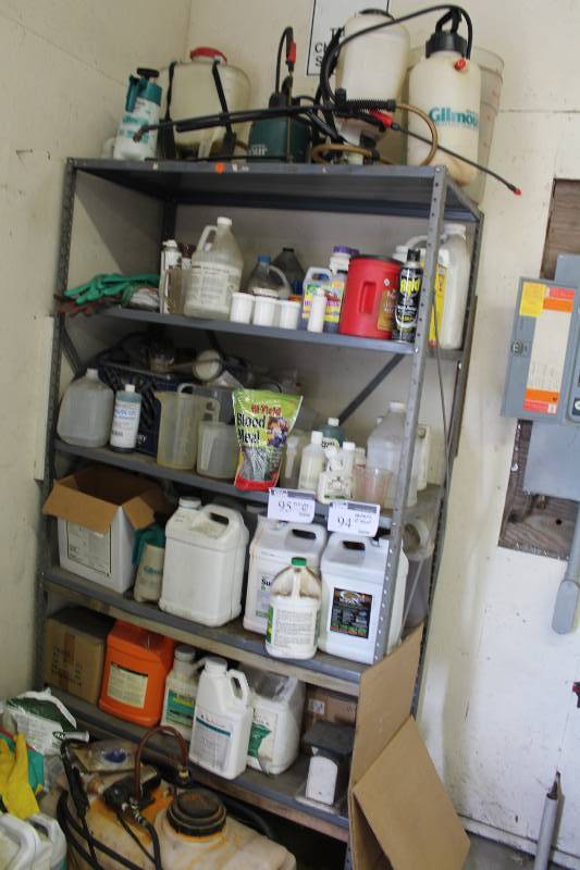 lot 94 image: Contents of Shelf Including Plastic Weed Sprayers wPump & Spray Nozzle Lawn Care Chemicals & Nutrients Plastic Containers And More.