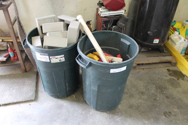 lot 97 image: Lot of (2) Trash Cans, Plastic Contents Included Custom Sifters PVC Pipe And More.