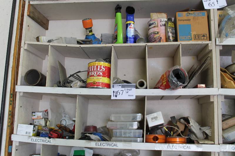 lot 67 image: Shelf Lot of (3) Including Plastic Container wElectrical Hardware Miscellaneous Sprays Goo-Gone And More.