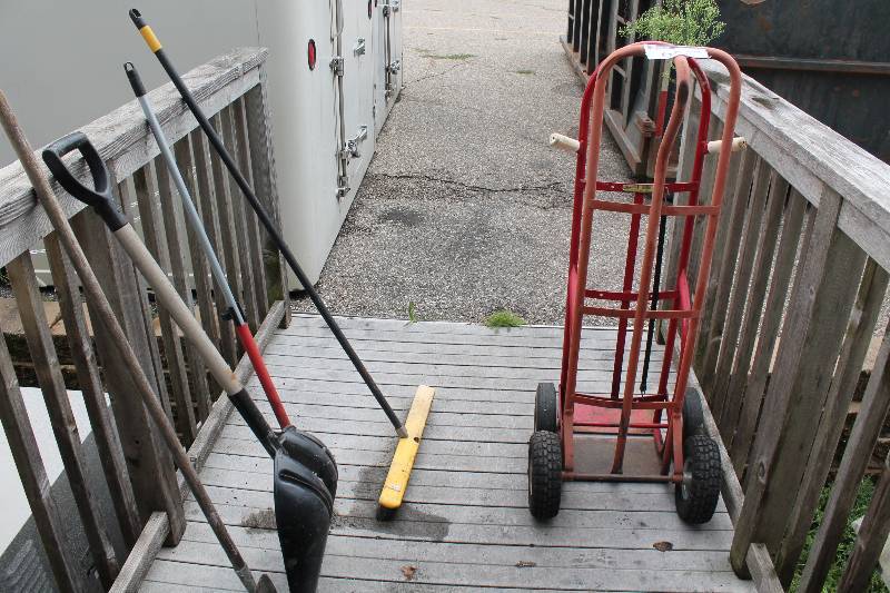 lot 680 image: Lot of (6) Including Metal Dollys wWheels Push Broom Snow Shovel And More.