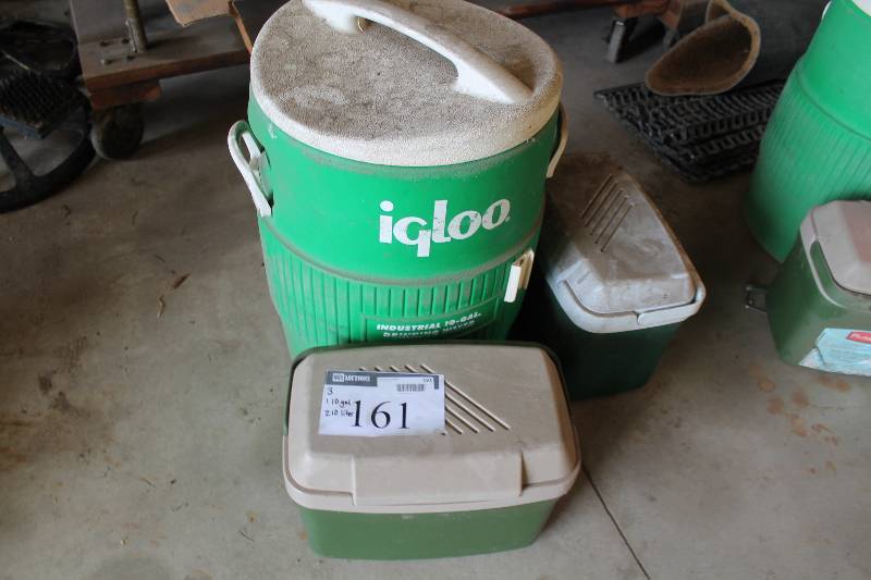 lot 161 image: Lot of (3) Plastic Coolers Including 10 Gallon Water Cooler 10 Liter Cooler (2).