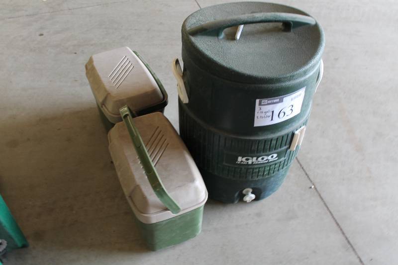 lot 163 image: Lot of (3) Plastic Coolers Including 10 Gallon Water Cooler 10 Liter Cooler (2).