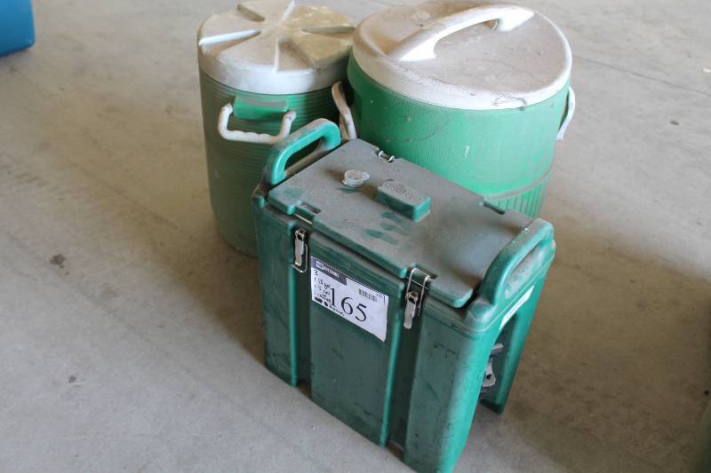 lot 165 image: Lot of (3) Plastic Coolers Including 10 Gallon Water Cooler 5 Gallon Cooler Coffee Thermos wSpout.