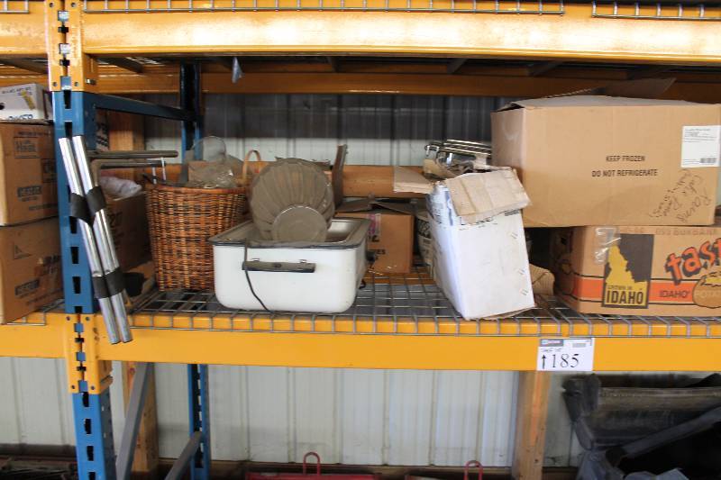 lot 185 image: Shelf Lot Including Nesco 18 Roaster Oven Ceramic Bowls NSF Approved Plastic Bin And More.