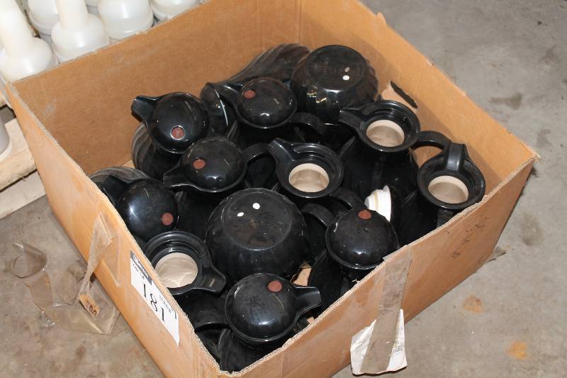 lot 181 image: Box Lot of Plastic Coffee Serving Pots wLids & Handles.