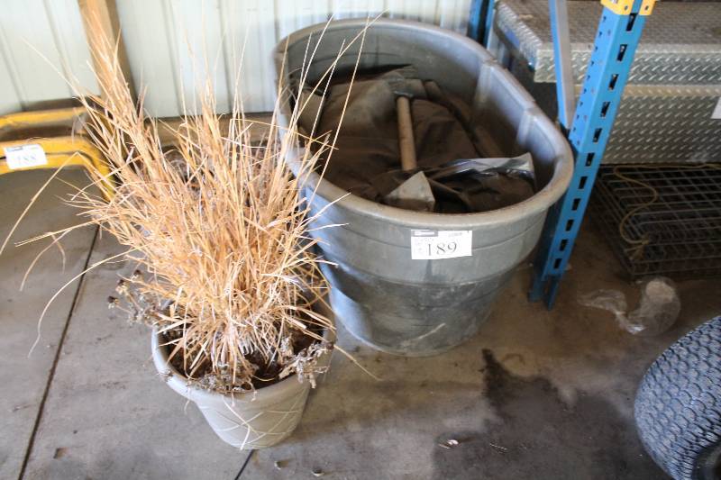 lot 189 image: Lot of (3) Including Plastic Bin & Contents Potted Plants (2) 31 x 52 x 25.