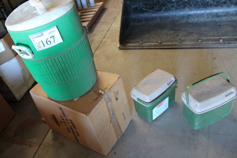 lot 167 image: Lot of (3) Plastic Coolers Including 10 Gallon Water Cooler 10 Liter Cooler Mini-Cooler.