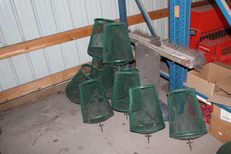 lot 215 image: Lot of Metal Grate Trash Cans wMounting Spike Green.