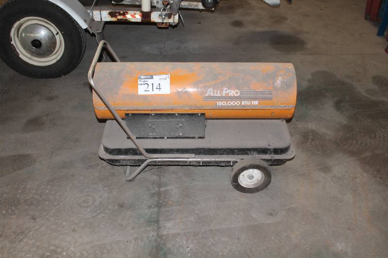 lot 214 image: Torpedo Heater All-Pro 150,000btuhr wStand, Pull Handle & Wheels.
