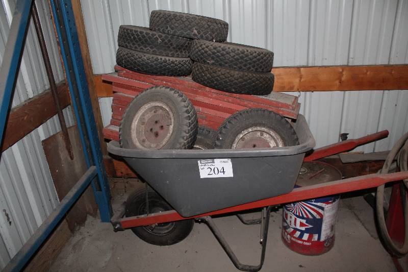 lot 204 image: Wheel Barrow Lot Including Wheel Barrow Wheels wRim Boards.