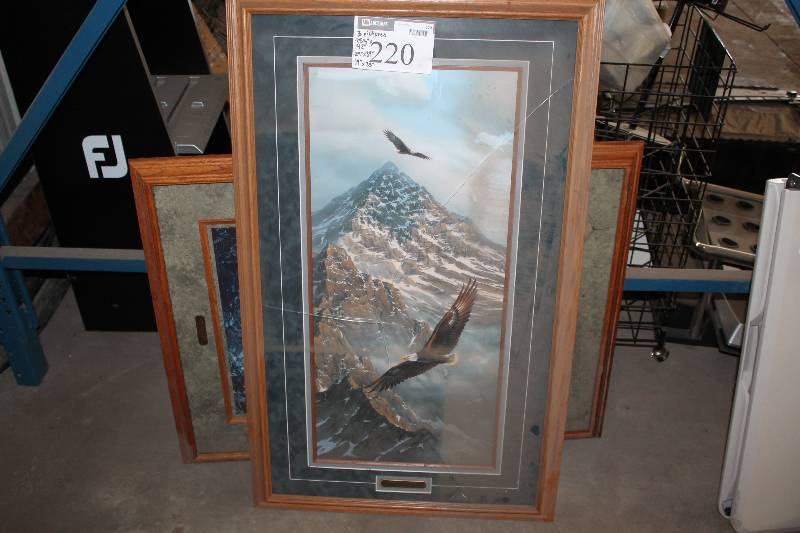 lot 220 image: Lot of (3) Wooden Framed Scenic Wildlife Pictures 25.5 x 42, 29 x 39, 19 x 23.