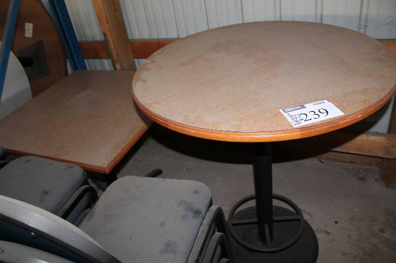 lot 239 image: Lot of (2) Wood Style Tables wMetal Bases Square & Circular 35.5 x 41.5, 36 x 36 x 30.