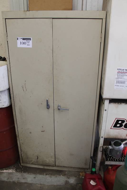 lot 100 image: Metal Cabinet wDouble Doors & Handles Includes Contents Automotive Maintenance Liquids, And More.