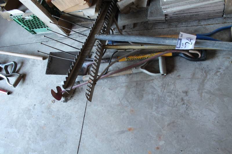 lot 240 image: Lot of (7) Yard Tools Including Sand Rakes Pitch Fork Metal Shovel And More.
