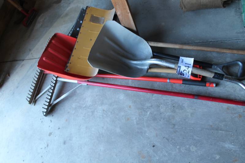 lot 241 image: Lot of (7) Yard Tools Including Sand Rakes Snow Shovel Metal Shovel And More.
