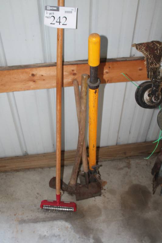lot 242 image: Lot of (7) Yard Tools Including Axe Aerator Ice Chisel And More.