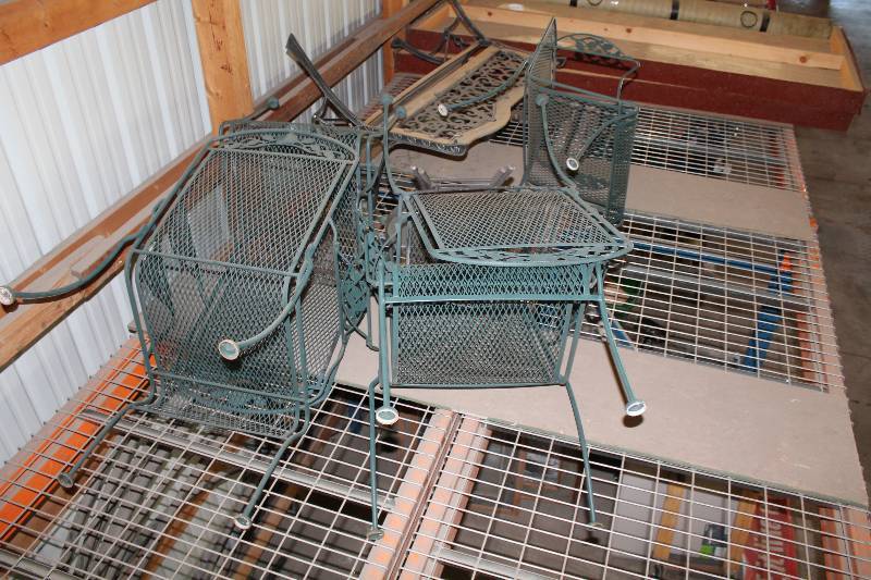 lot 250 image: Lot of (9) Including Patio Chairs, Metal (4) Patio Table, Metal (1) Patio Umbrella (1) Small Table (1) Bench (1).