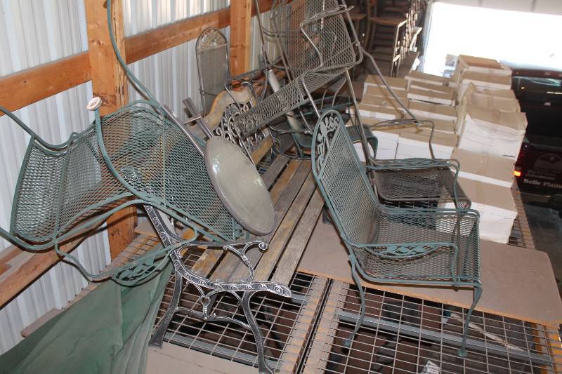 lot 252 image: Lot of (11) Including Patio Chairs, Metal (7) Patio Table, Metal (1) Patio Umbrella (1) Small Table (1) Bench (1).
