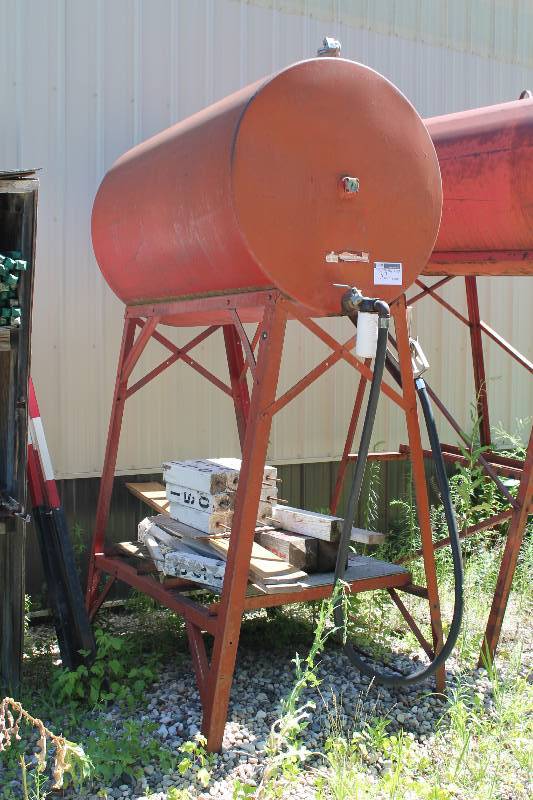 lot 32 image: Herman Oil Co. Standard Metal Fuel Tank wStand Cylinder Tank Volume Gauge Pump Attachment Contents Not Included 40 x 61 x 105.